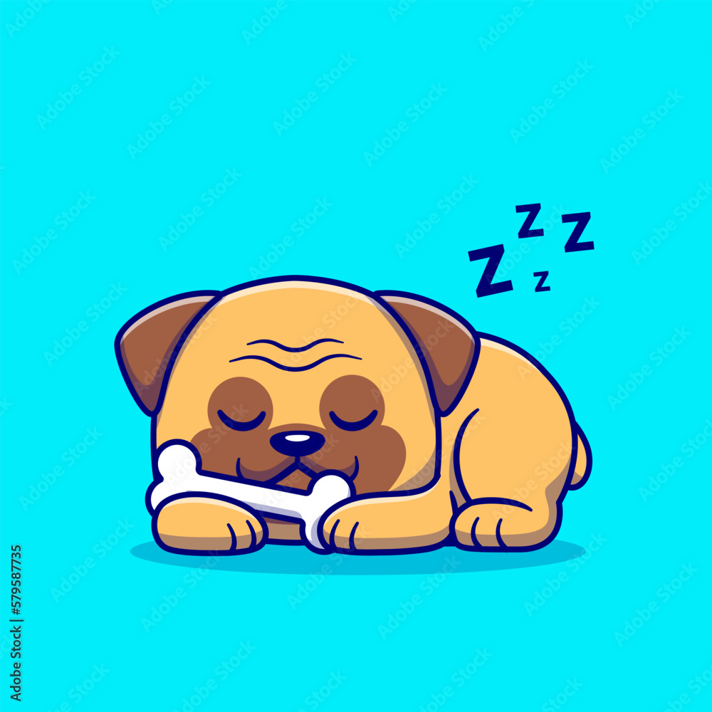 Cute Pug Dog Sleeping With Bone Cartoon Vector Icon Illustration. Animal Nature Icon Concept Isolated Premium Vector. Flat Cartoon Style