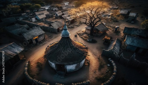 A breathtaking aerial shot of an Andhra Pradesh village with a DJI Mavic 2 Pro drone 28mm lens f/5.6 aperture dramatic and epic style  Generative AI photo