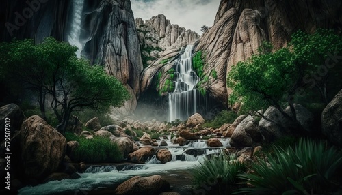 A stunning view of a majestic waterfall surrounded by rocks and greenery captured with a high  Generative AI