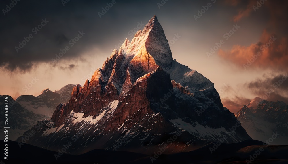 Fototapeta premium A stunning view of a mountain peak at sunrise captured with a high Generative AI