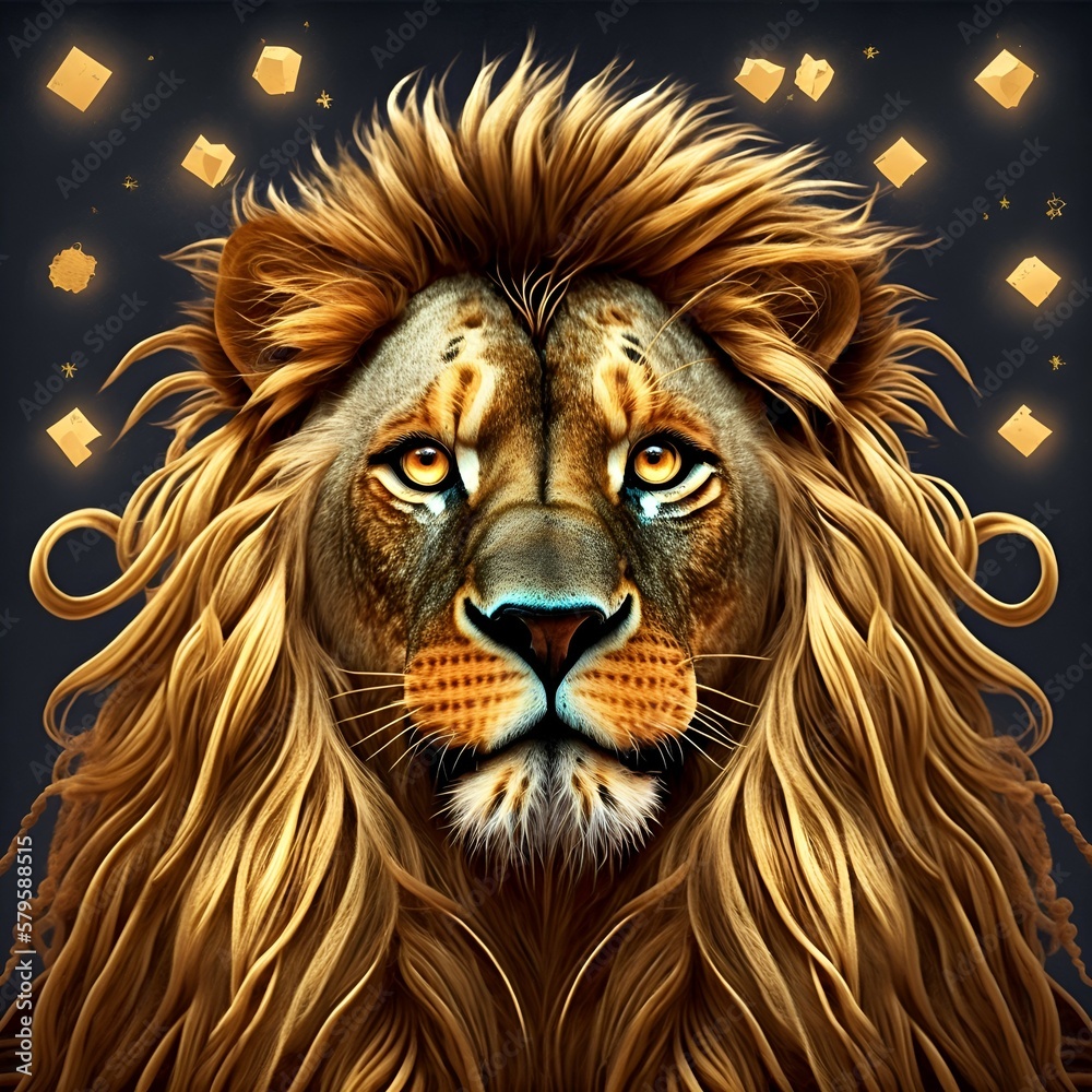 beautiful lion face with long mane digital illustration