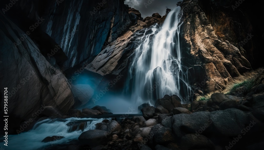 An awe inspiring view of a waterfall cascading down a rocky cliff captured with a full  Generative AI