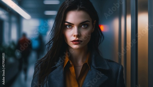 A young girl came to work in the office, she is stylishly dressed in business clothes, she is wearing light makeup, her look is confident and clear. Generative AI. © Artem