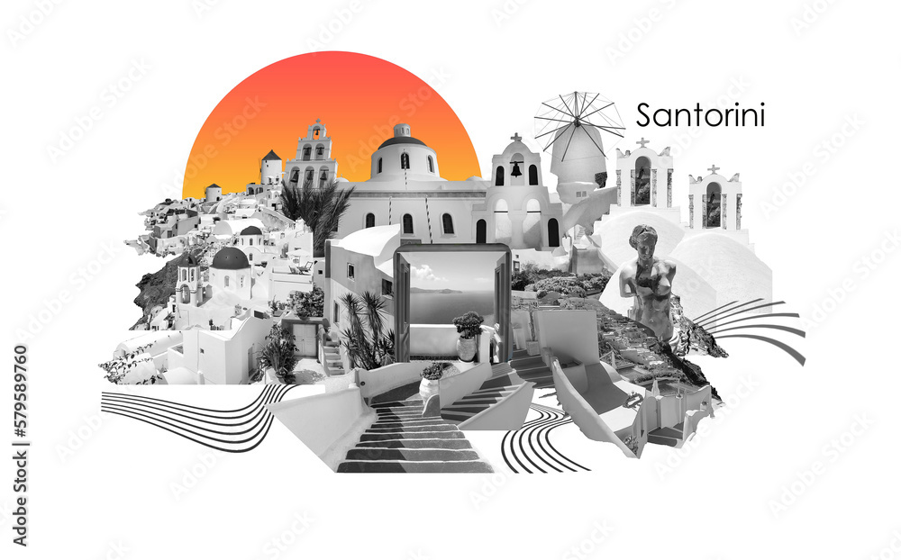 Beautiful sea view from the balcony. Oia town, Santorini island, Greece. Art design or collage Beautiful sea view from the balcony. Oia town, Santorini island, Greece. Art design or collage