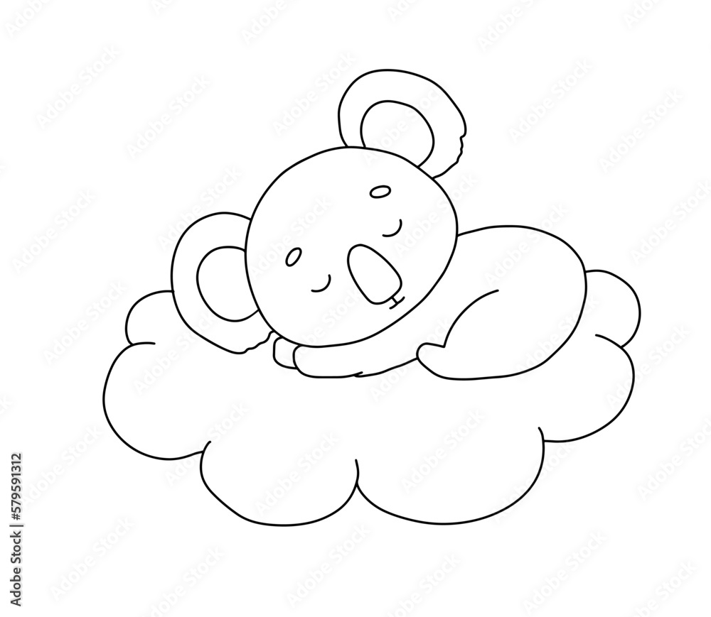 Cute dreaming koala on cloud. Cartoon hand drawn vector outline illustration for coloring book. Line baby animal Cute dreaming koala on cloud. Cartoon hand drawn vector outline illustration for coloring book. Line baby animal