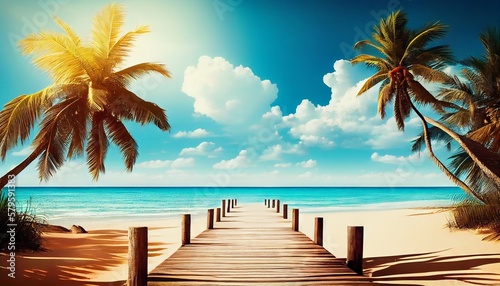 Wooden pier on a tropical beach with palm trees and blue sky. Generative AI