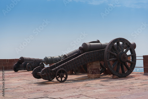 Famous Kilkila cannons on the top of Mehrangarh fort. overlooking city of Jodhpur for proctection since ancient times. Huge long barrel is a favourite tourist attraction. Jodhpur, Rajasthan, India. photo