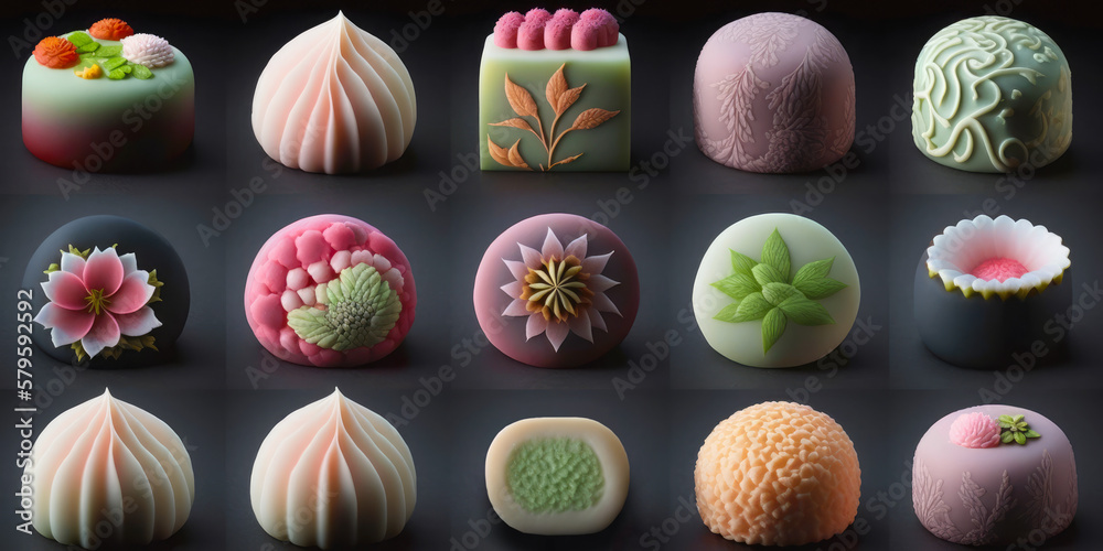 Wagashi assortment. Various shapes and colors of Wagashi confectionary