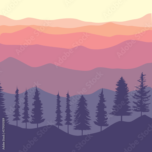 Mountain and trees silhouette in square resolution vector illustration, travel or nature banner design. suitable for background, wallpaper, thumbnail, travel banner, album, art, illustration.