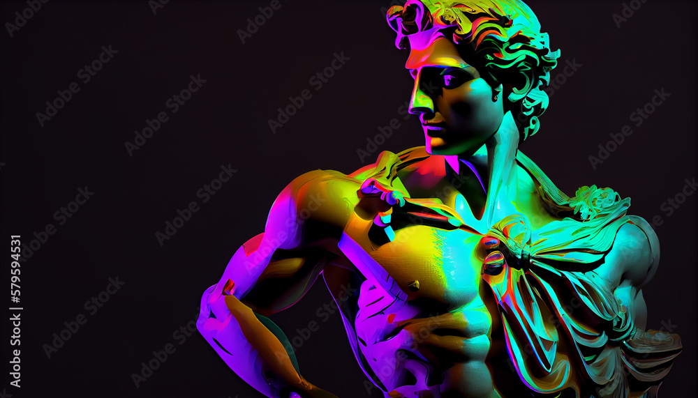 Fototapeta premium A digital artwork of Classic sculpture with color distortion and colored lights