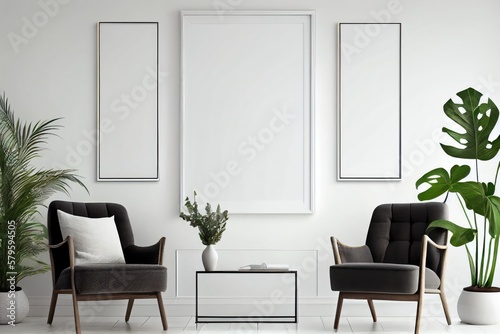 Blank Frame Mockup on Wall Above Armchair. Generative AI