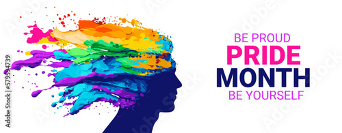 Vector banner for Pride Month. Colorful vector illustration with silhouette of head of man with splash of liquid on head. LGBTQ banner. Human rights, freedom and tolerance concept. LGBT poster.