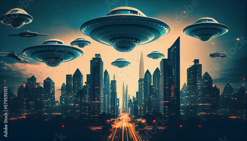 Photo A digital artwork featuring of a UFO armada over downtown