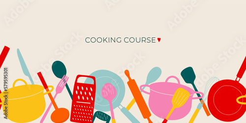 Cooking course. Kitchen tools horizontal banner in doodle style. Background with hand drawn dishes. Vector poster with cutlery. Cooking classes poster.