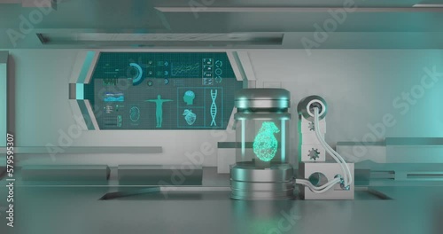 Heart anatomy research and full analysis with data futuristic laboratory  interface and a hologram.Hi-tech healthcare concept