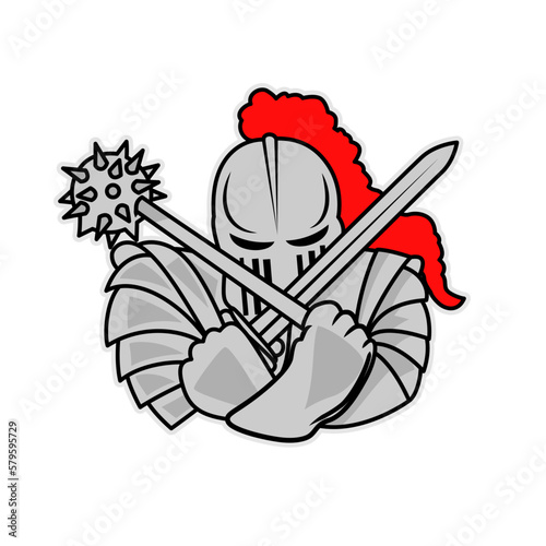 Spartan helmet with crossed sword and morningstar, Mace Vector illustration