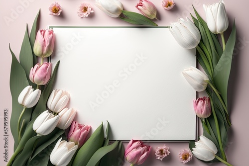 Tulips with Blank Paper in Pink Background. generative ai.