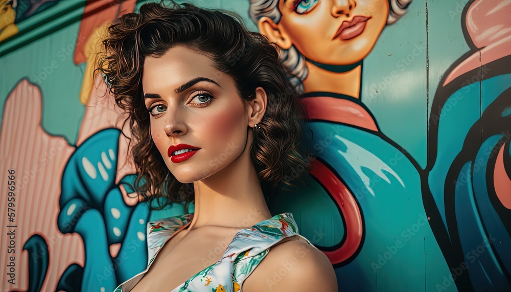 Naklejka premium close up portrait of beautiful 80s girl, vintage fashion genre, Generative Ai not real person