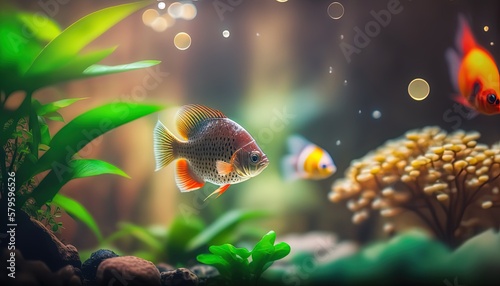 close up dreamy little aquarium with fancy fish swim inside, Generative Ai