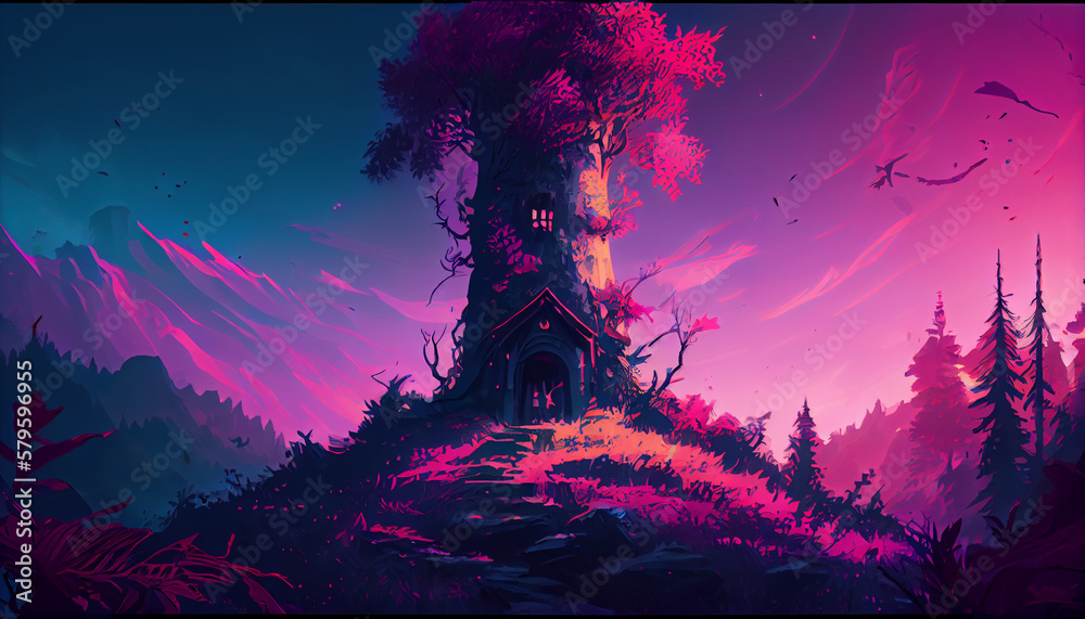 A fantasy fable medieval tower in magical forest digital concept art, Medieval heroic fantasy, vibrant color with synthwave style. - obrazy, fototapety, plakaty 
