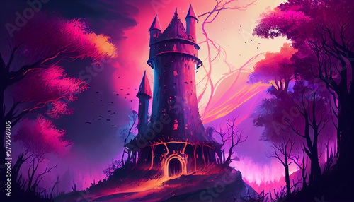 A fantasy fable medieval tower in magical forest digital concept art, Medieval heroic fantasy, vibrant color with synthwave style.