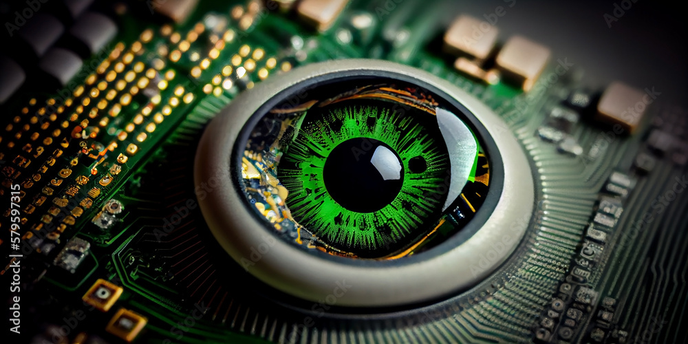 Fototapeta premium Computer vision. Electronic eye on a printed circuit board. Generative AI