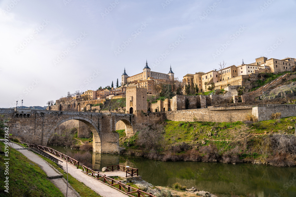 Beautiful view of the San Martin Bridge over the Tagus River  in Toledo Spain