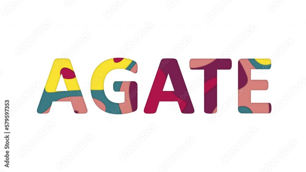 Multi-colored inscription Name of Gemstone AGATE with colored spots floating inside. Looped from frame 120 to 839, Alpha BW at the end Multi-colored inscription Name of Gemstone AGATE with colored spots floating inside. Looped from frame 120 to 839, Alpha BW at the end