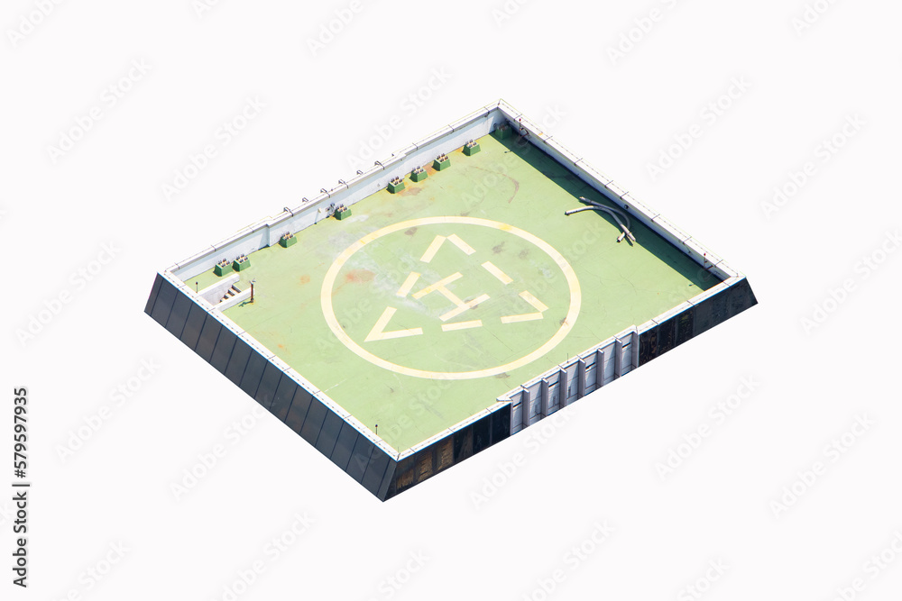 Helicopter landing pad square shape green on top of skyscraper high isolated on white background. Large H shape in middle. Rooftop top of building landing area in city. Business people or VIP guests. Helicopter landing pad square shape green on top of skyscraper high isolated on white background. Large H shape in middle. Rooftop top of building landing area in city. Business people or VIP guests.