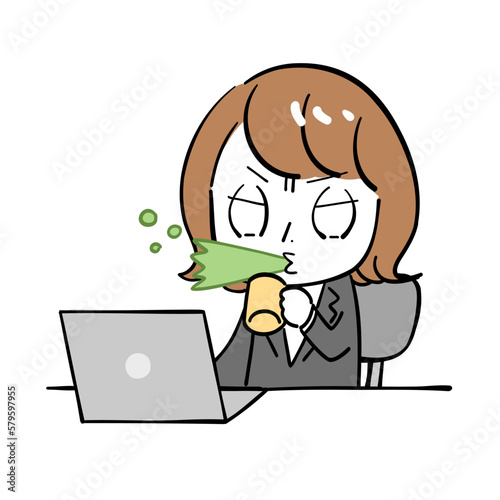 女性　お茶を吹く　ドン引き　スーツ