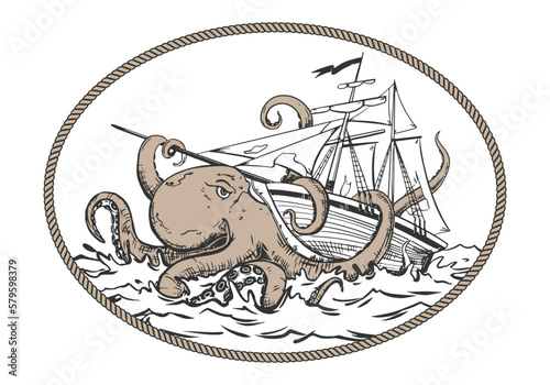 A mythical monster from the dark depths attacks the ship. The octopus wraps its tentacles around the ship and pulls it to the bottom. Monochrome composition in an oval frame. Vector image ofKraken.