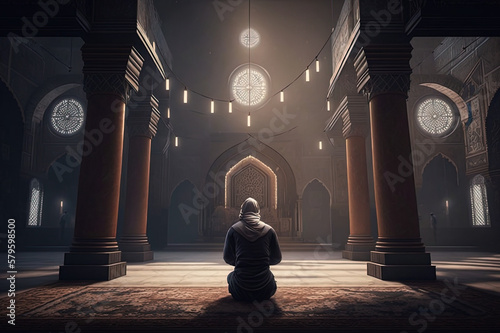 a Muslim man praying in the mosque, Ramadan, islamic background, Generative AI
