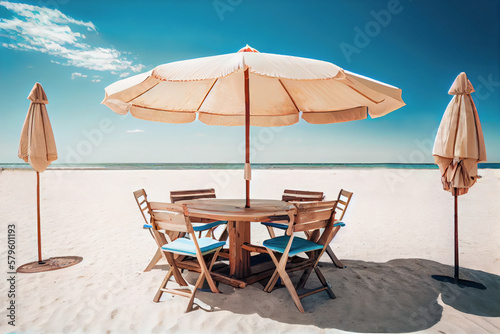 The table set  chairs and umbrella with beach and sky background. Concept for rest  relaxation. Generative AI.