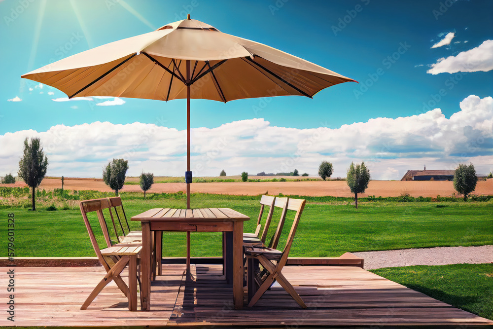 Table, chairs and umbrella outdoors in garden. Summer spring picnic concept. Generative AI.