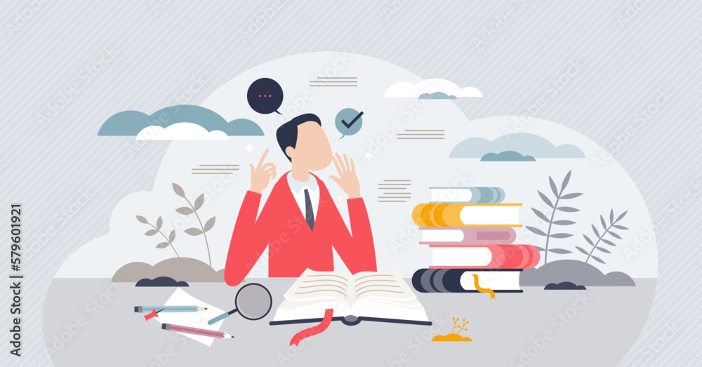 Education and learning from book reading tiny person concept. Student study process and knowledge training for exam vector illustration. Academical development or personal growth. University or school