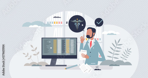 Medical billing and coding for patient hospital services tiny person concept. Treatment payment and financial invoice coverage from insurance vector illustration. Medicine expenses codes for bill.