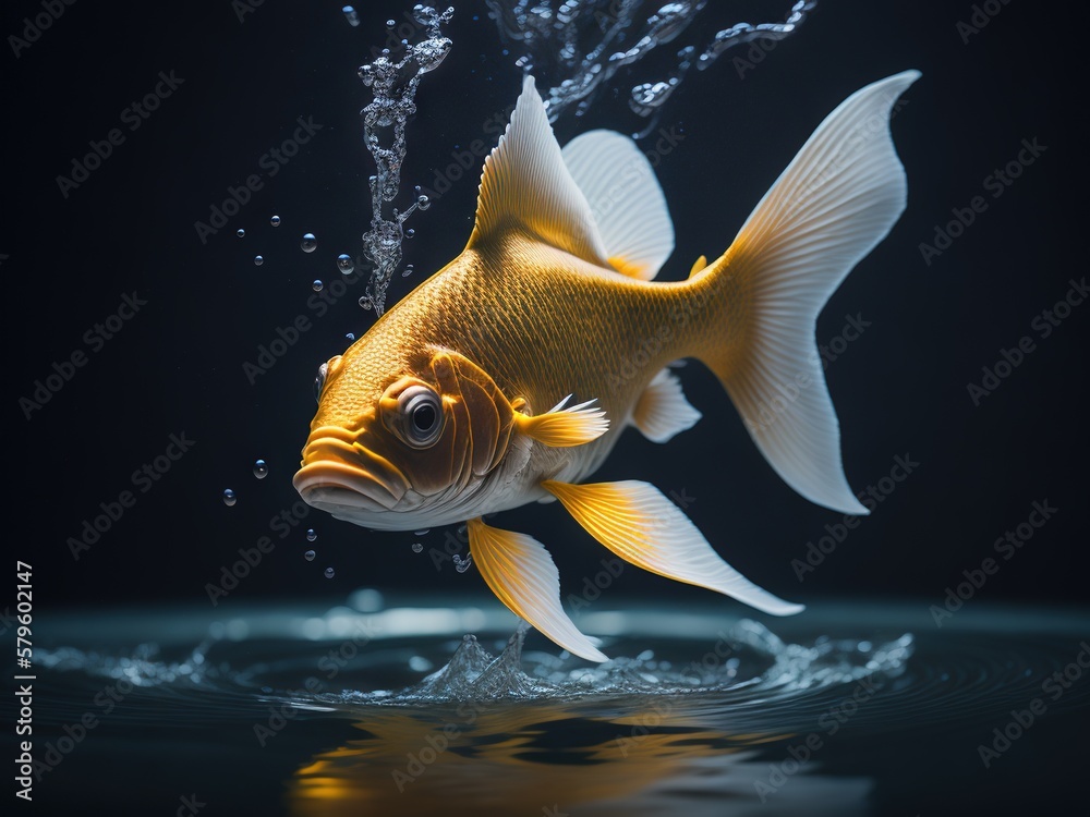 Goldfish jumping out of the water creating a splash, Generative AI