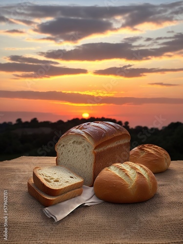 Loaf of bread and rolls in front of the sunset, Generative AI