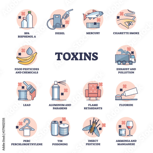 Toxins and dangerous chemical substances for human health outline diagram. Labeled educational examples collection with poisons and body contamination fluids from everyday objects vector illustration photo