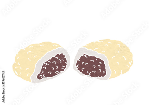 半分に割ったきな粉ぼたもちのイラスト（版画風）