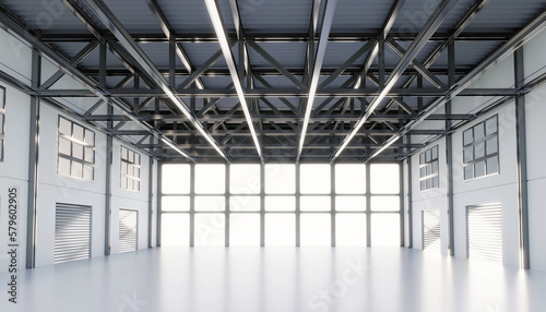 empty industry factory building warehouse inside hall background. white construction empty industry factory building warehouse inside hall. empty industry factory building warehouse 3d illustration
