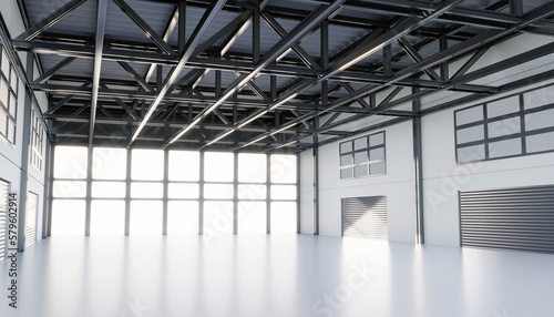 empty industry factory building warehouse inside hall background. white construction empty industry factory building warehouse inside hall. empty industry factory building warehouse 3d illustration