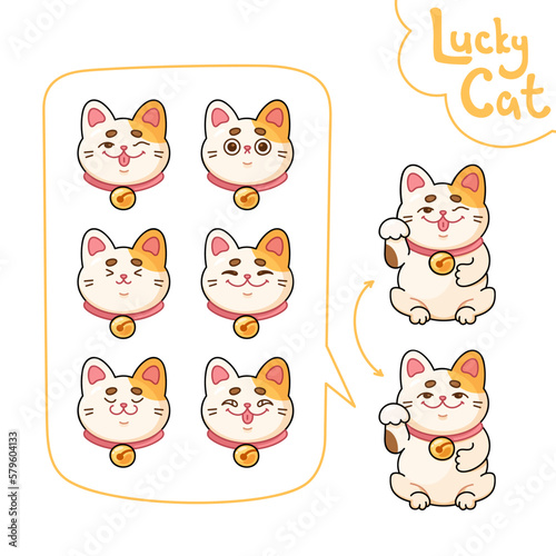 Collection of emotions for Japanese lucky cat maneki neko. Vector illustration in cartoon style. Cute animal with raised paw, national and culture symbol isolated on white background