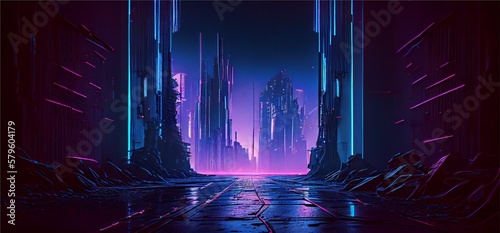 Post-apocalyptic idea on a neon backdrop with blazing ultraviolet vertical lines representing cyber space and a cityscape in virtual reality. Generative Ai illustration.  © kilimanjaro 