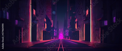 Post-apocalyptic idea on a neon backdrop with blazing ultraviolet vertical lines representing cyber space and a cityscape in virtual reality. Generative Ai illustration. 