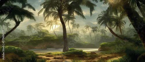 African rainforest. African jungle rainforest panorama with tropical vegetation, exotic fantasy landscape banner vector illustration. african savannah photo