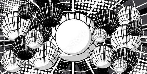 Comic book Black and white Advertising background. Comics Presentation poster with blank sphere for text. Abstract busy space, retro pop art style.