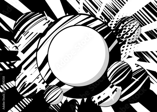Comic book Black and white Advertising background. Comics Presentation poster with blank sphere for text. Abstract busy space, retro pop art style.