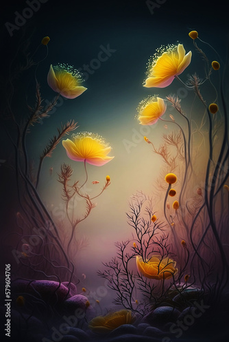 fantasy yellow anemone flowers in fog © Maya Kruchancova