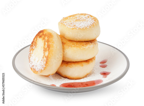 Plate with delicious cottage cheese pancakes isolated on white background
